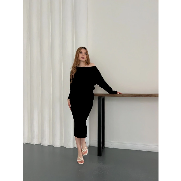 Tek Omuz Yarasa Kol Uzun Kol Elbise Siyah