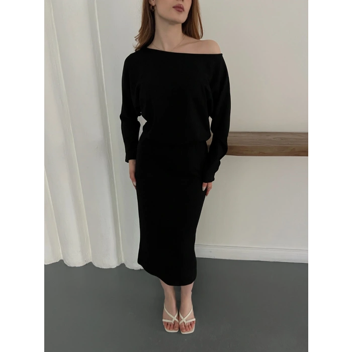 Tek Omuz Yarasa Kol Uzun Kol Elbise Siyah