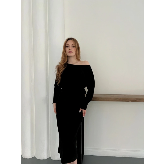 Tek Omuz Yarasa Kol Uzun Kol Elbise Siyah