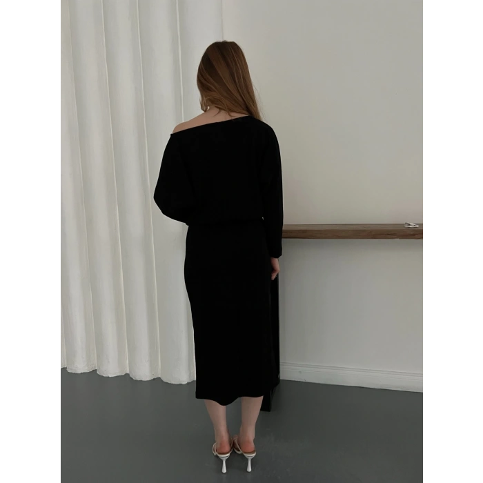 Tek Omuz Yarasa Kol Uzun Kol Elbise Siyah