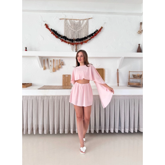 Tek Parça Farklı Farklı Giyebileceğiniz Etekli Takım Pembe