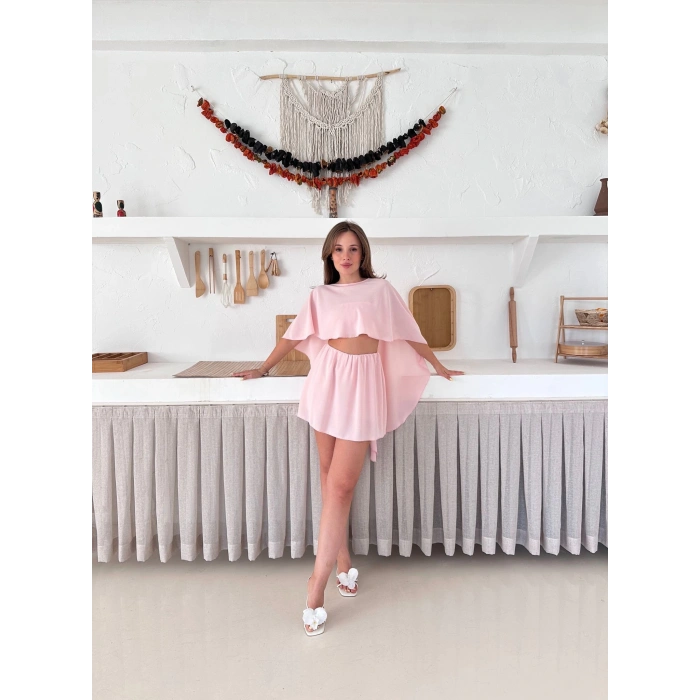 Tek Parça Farklı Farklı Giyebileceğiniz Etekli Takım Pembe