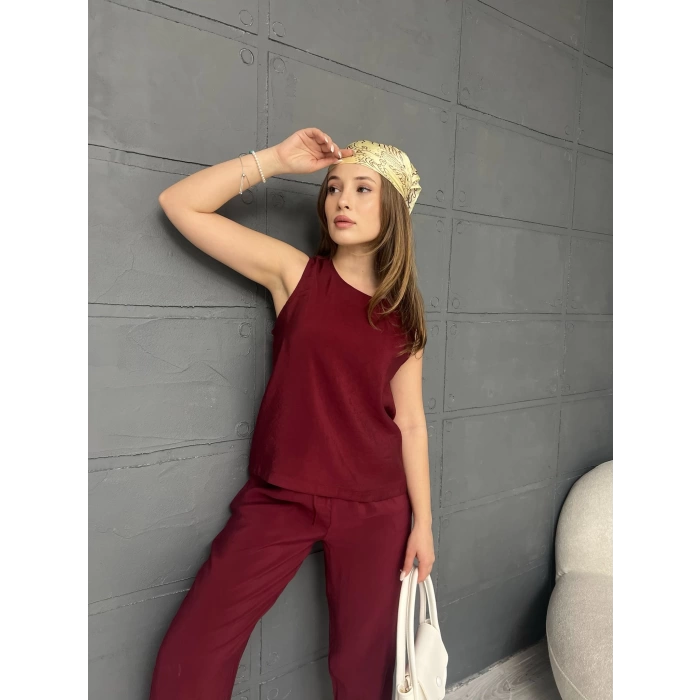 Tensel Kumaş Bel Lastikli Takım Bordo