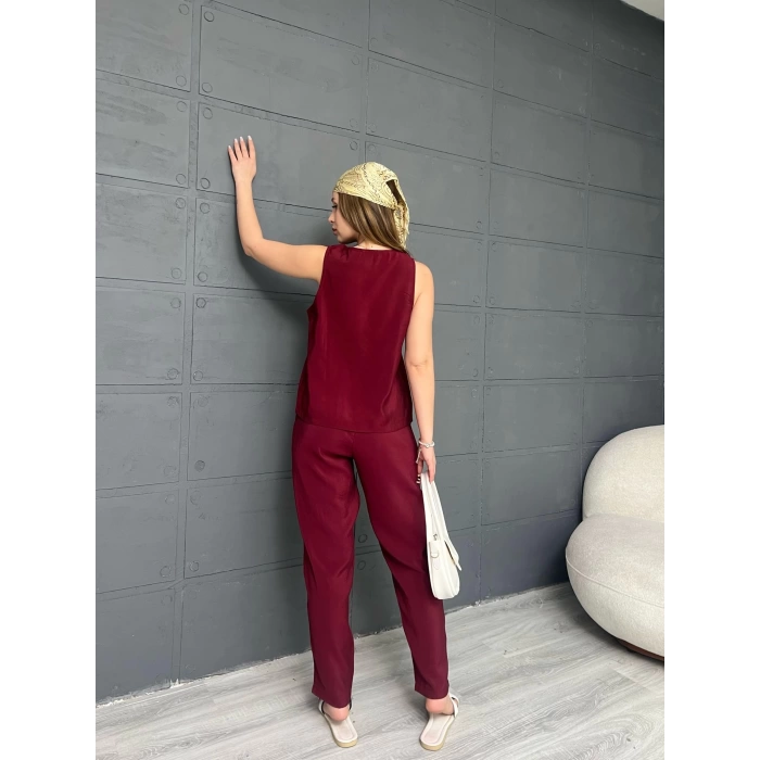 Tensel Kumaş Bel Lastikli Takım Bordo