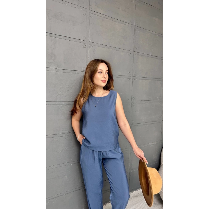 Tensel Kumaş Bel Lastikli Takım Mavi