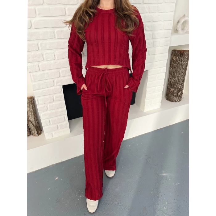 Ters Dikiş Bel Lastikli Pantolonlu Takım Bordo
