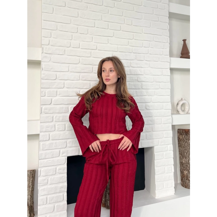 Ters Dikiş Bel Lastikli Pantolonlu Takım Bordo