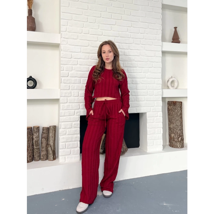 Ters Dikiş Bel Lastikli Pantolonlu Takım Bordo