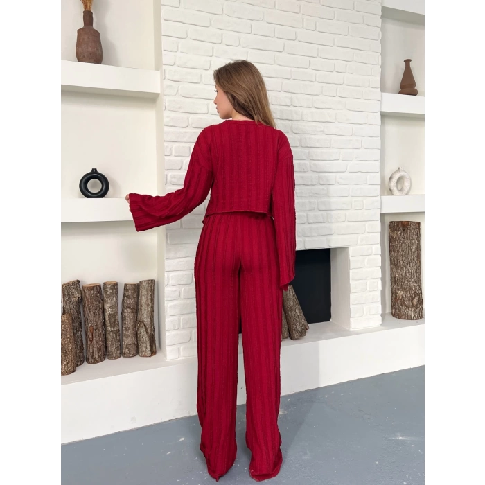 Ters Dikiş Bel Lastikli Pantolonlu Takım Bordo