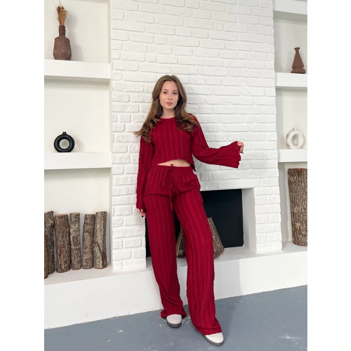 Ters Dikiş Bel Lastikli Pantolonlu Takım Bordo