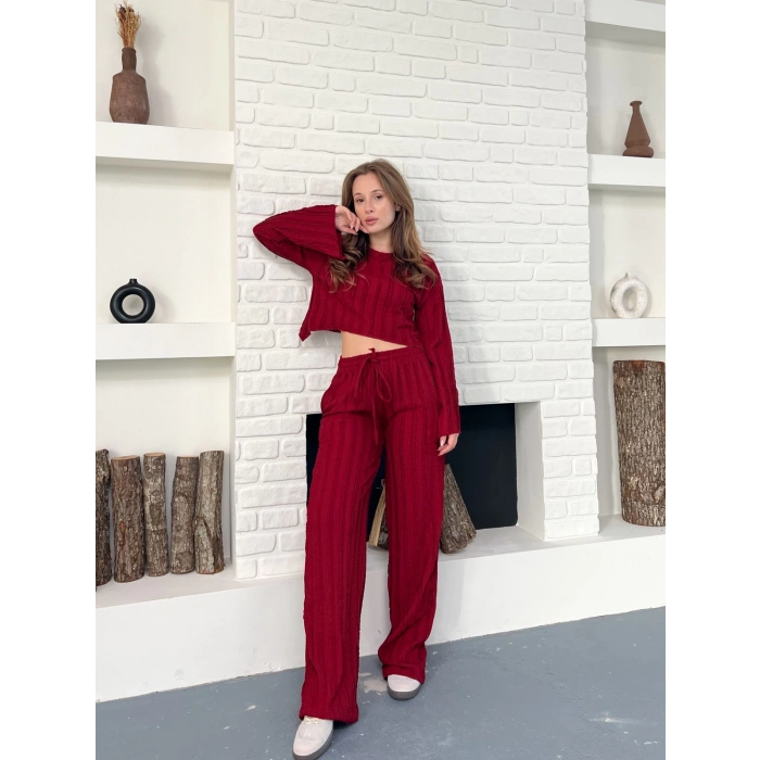Ters Dikiş Bel Lastikli Pantolonlu Takım Bordo
