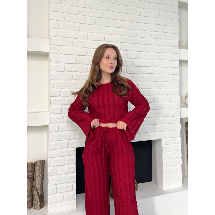 Ters Dikiş Bel Lastikli Pantolonlu Takım Bordo