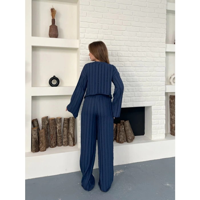 Ters Dikiş Bel Lastikli Pantolonlu Takım Lacivert