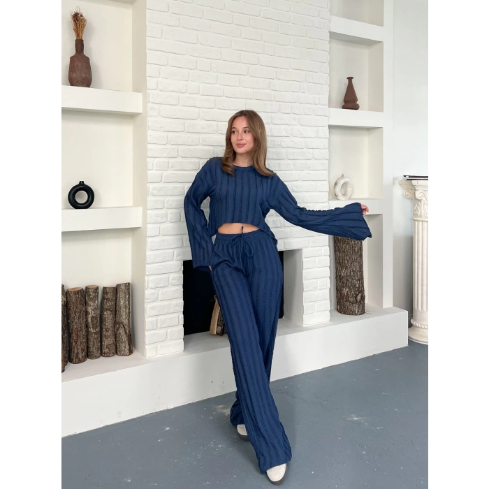 Ters Dikiş Bel Lastikli Pantolonlu Takım Lacivert