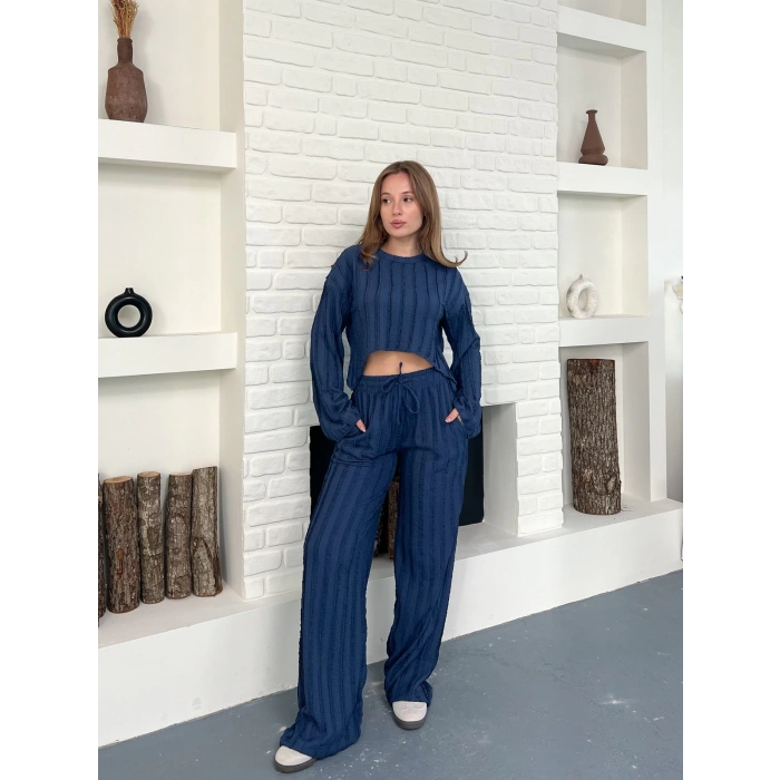 Ters Dikiş Bel Lastikli Pantolonlu Takım Lacivert