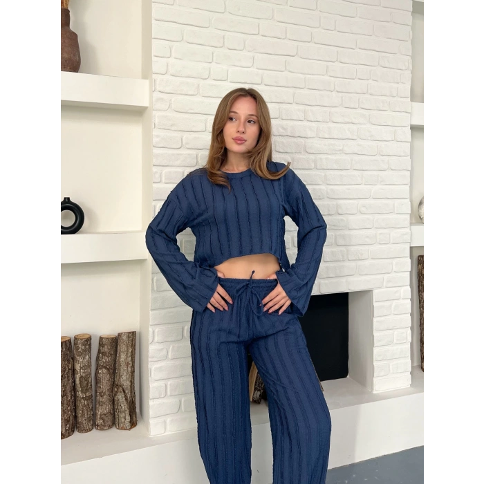 Ters Dikiş Bel Lastikli Pantolonlu Takım Lacivert