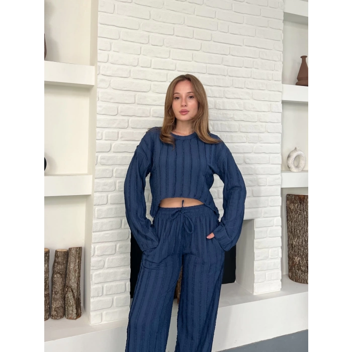 Ters Dikiş Bel Lastikli Pantolonlu Takım Lacivert