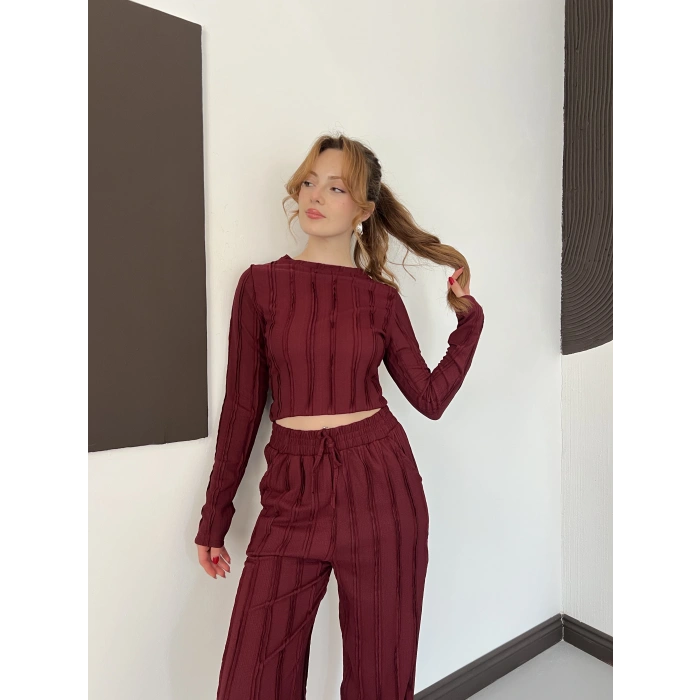 Ters Dikiş Bol Paça Pantolon-Bluz Takım Bordo