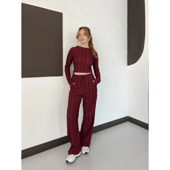 Ters Dikiş Bol Paça Pantolon-Bluz Takım Bordo