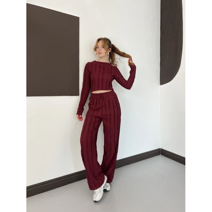 Ters Dikiş Bol Paça Pantolon-Bluz Takım Bordo