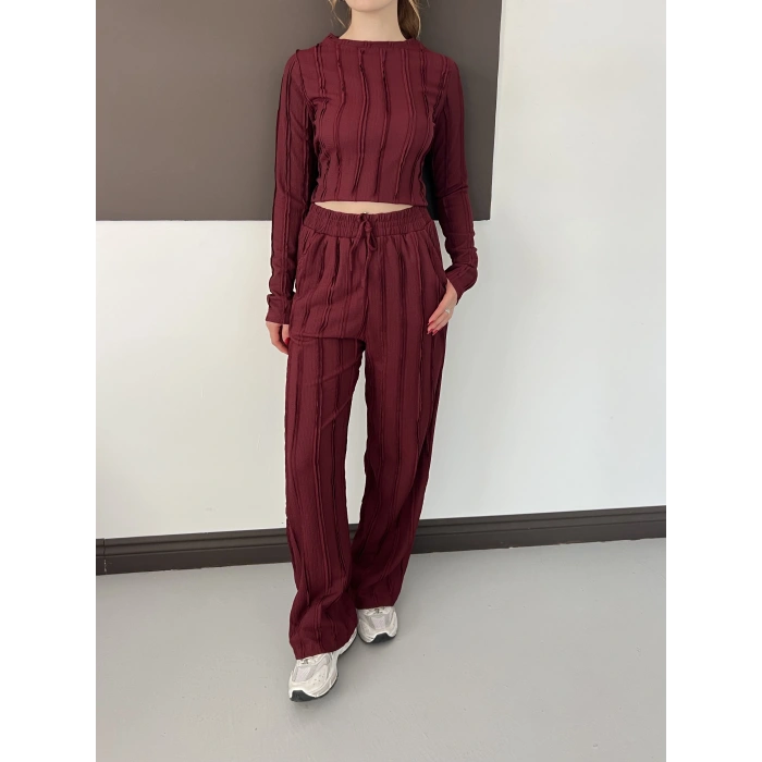 Ters Dikiş Bol Paça Pantolon-Bluz Takım Bordo