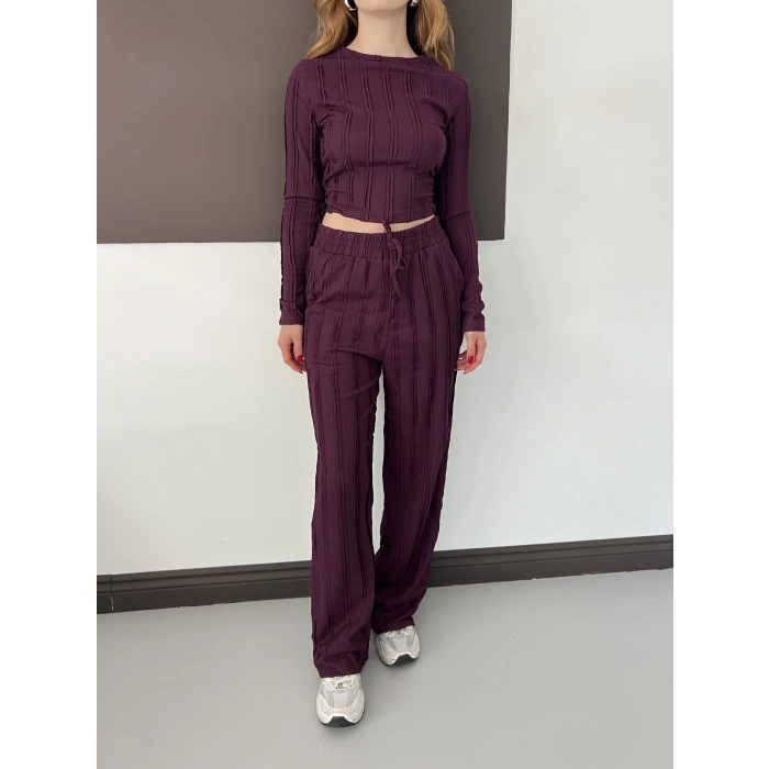 Ters Dikiş Bol Paça Pantolon-Bluz Takım Mürdüm