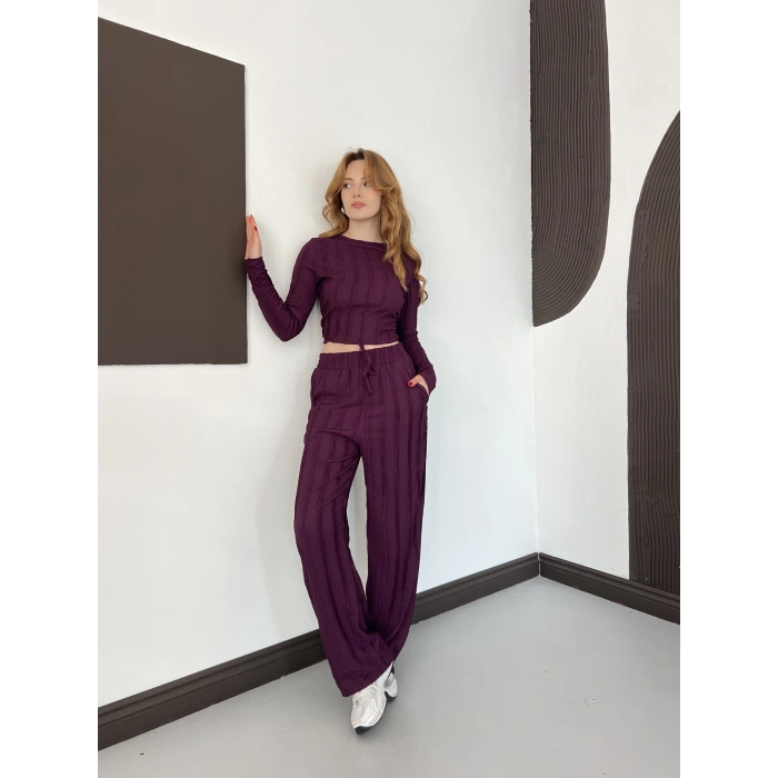 Ters Dikiş Bol Paça Pantolon-Bluz Takım Mürdüm