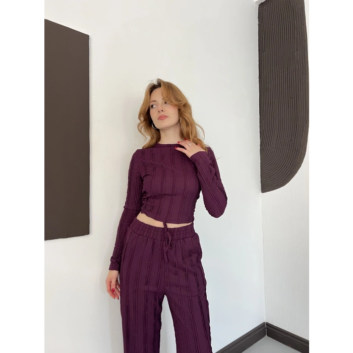 Ters Dikiş Bol Paça Pantolon-Bluz Takım Mürdüm