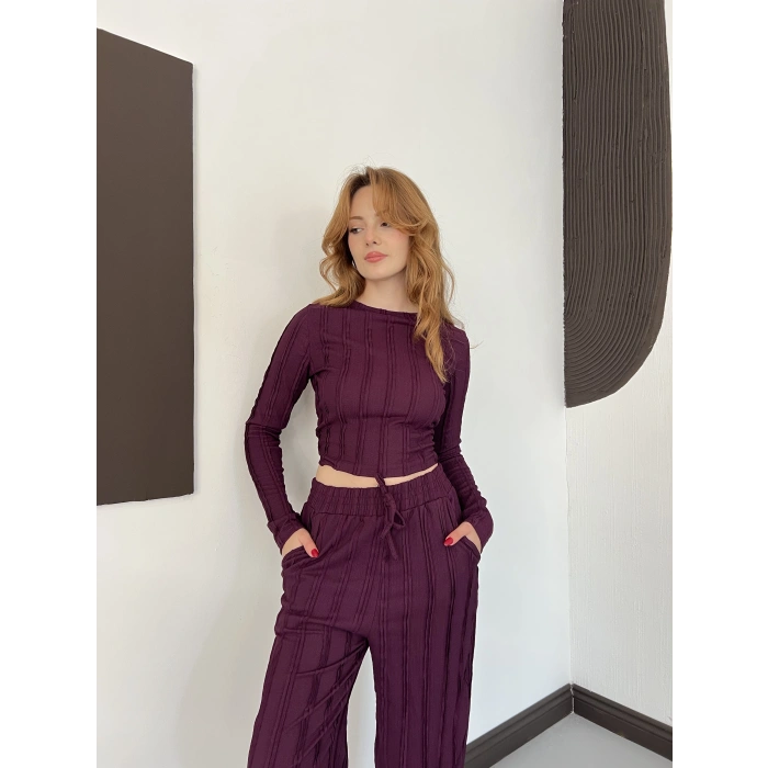 Ters Dikiş Bol Paça Pantolon-Bluz Takım Mürdüm