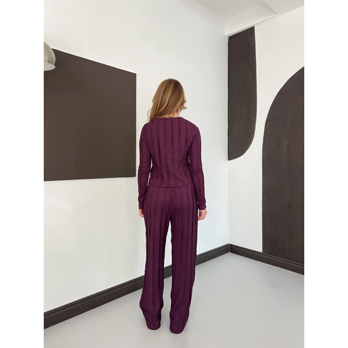 Ters Dikiş Bol Paça Pantolon-Bluz Takım Mürdüm