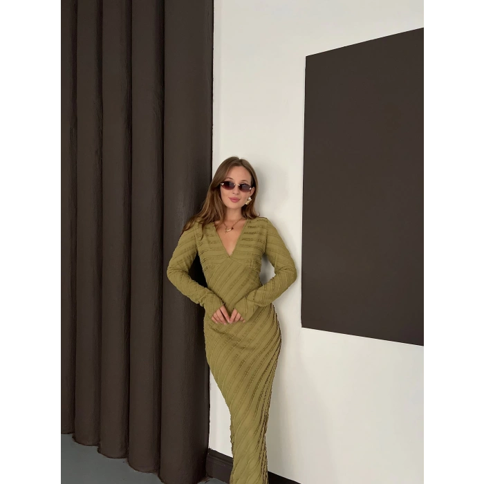 Ters Dikiş Detaylı Uzun Elbise Haki