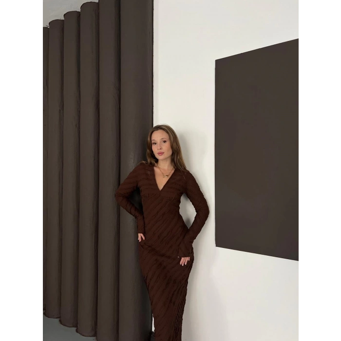 Ters Dikiş Detaylı Uzun Elbise Kahve