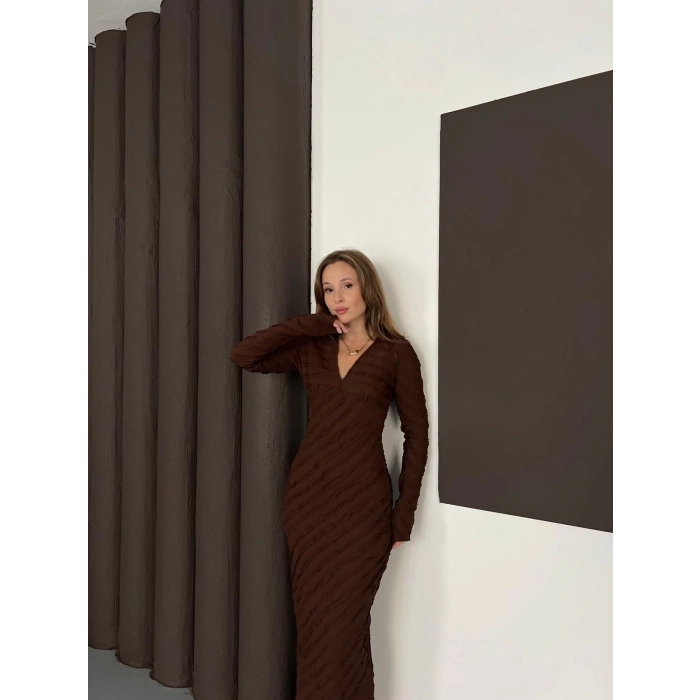 Ters Dikiş Detaylı Uzun Elbise Kahve