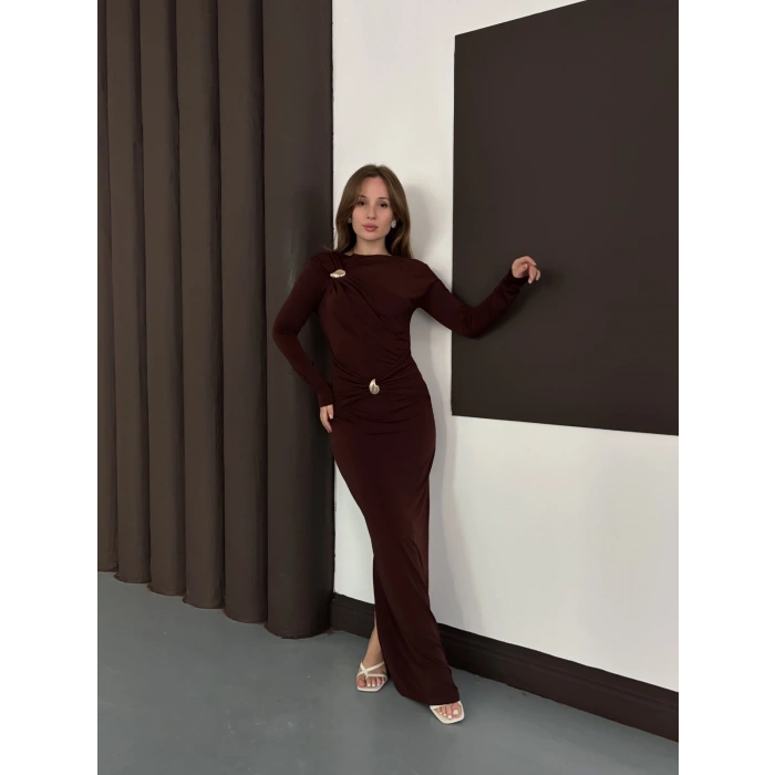 Toka Detaylı Sandy Uzun Elbise Acı Kahve