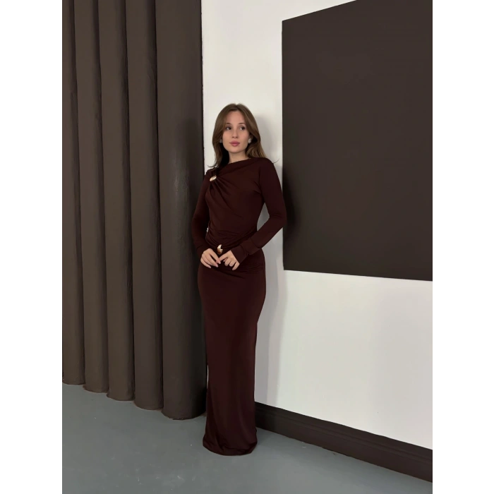 Toka Detaylı Sandy Uzun Elbise Acı Kahve