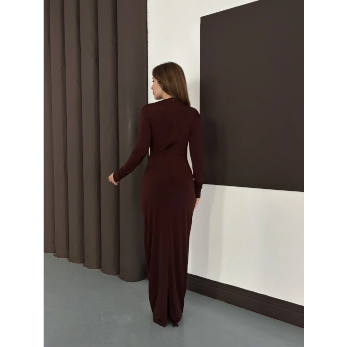 Toka Detaylı Sandy Uzun Elbise Acı Kahve