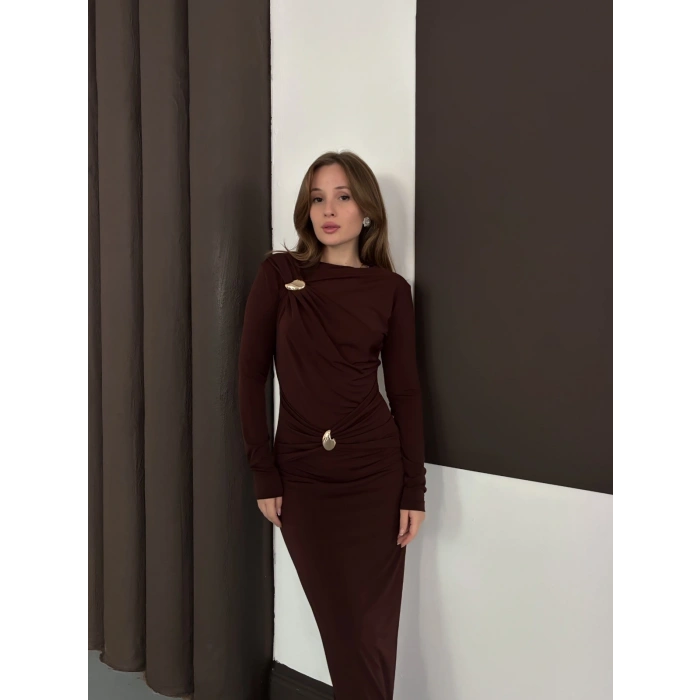Toka Detaylı Sandy Uzun Elbise Acı Kahve