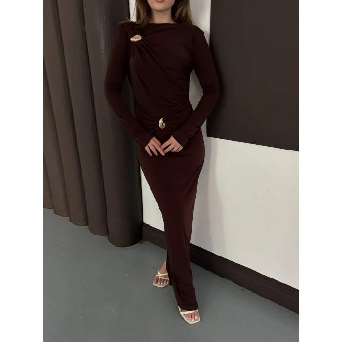 Toka Detaylı Sandy Uzun Elbise Acı Kahve