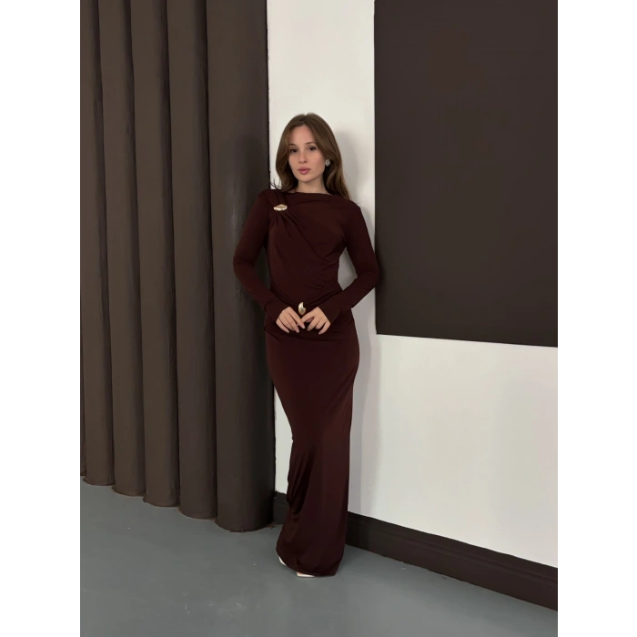 Toka Detaylı Sandy Uzun Elbise Acı Kahve