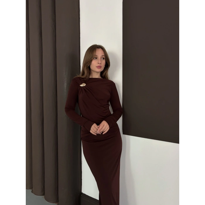 Toka Detaylı Sandy Uzun Elbise Acı Kahve