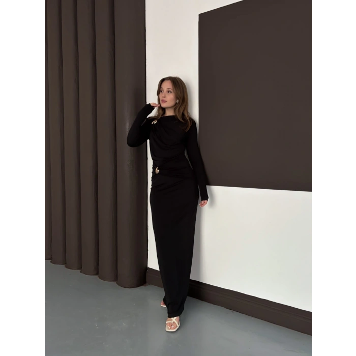 Toka Detaylı Sandy Uzun Elbise Siyah