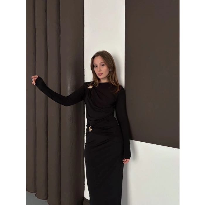 Toka Detaylı Sandy Uzun Elbise Siyah