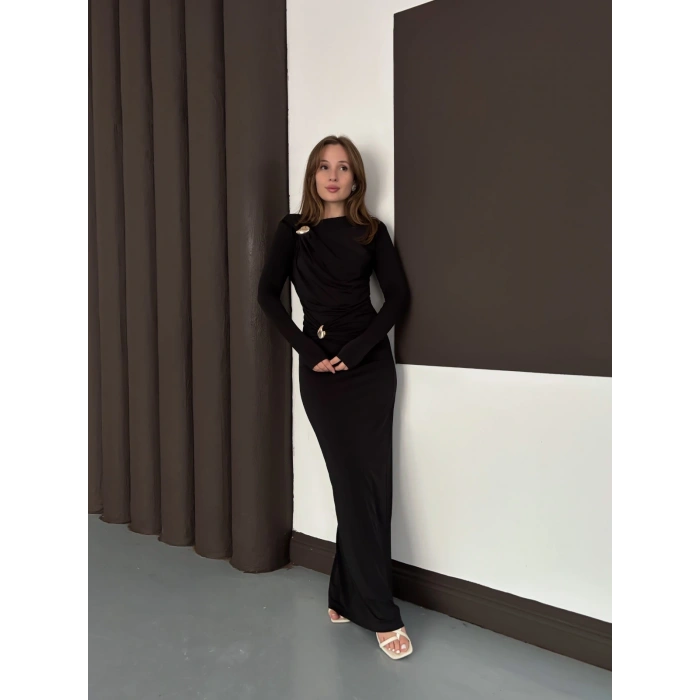 Toka Detaylı Sandy Uzun Elbise Siyah