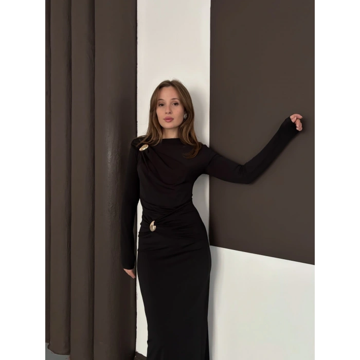 Toka Detaylı Sandy Uzun Elbise Siyah