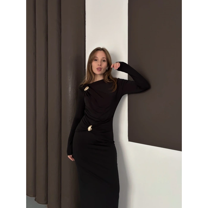 Toka Detaylı Sandy Uzun Elbise Siyah