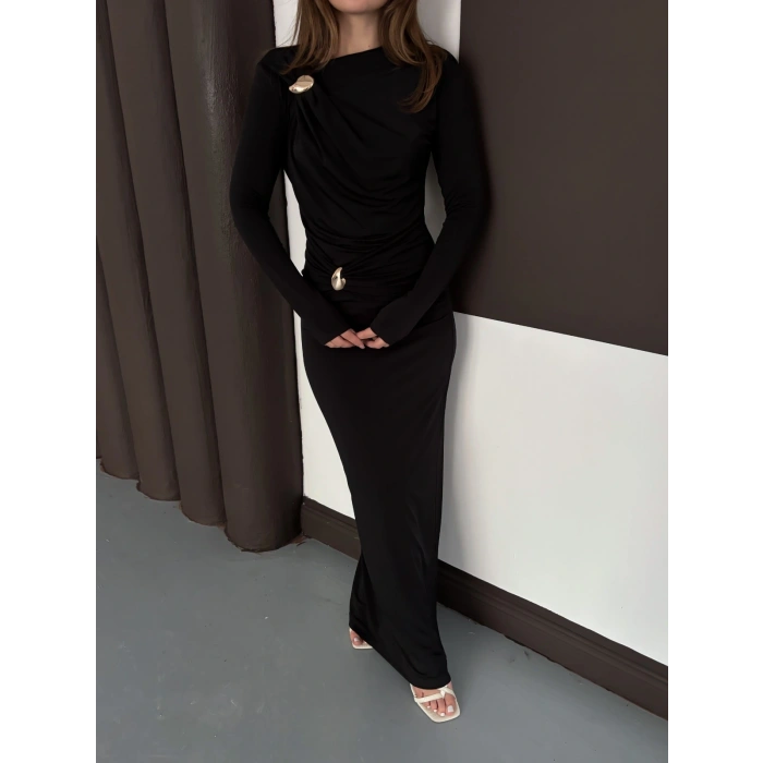 Toka Detaylı Sandy Uzun Elbise Siyah