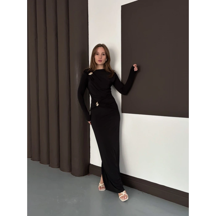 Toka Detaylı Sandy Uzun Elbise Siyah