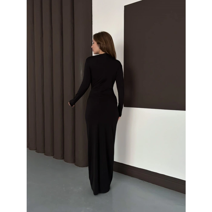 Toka Detaylı Sandy Uzun Elbise Siyah