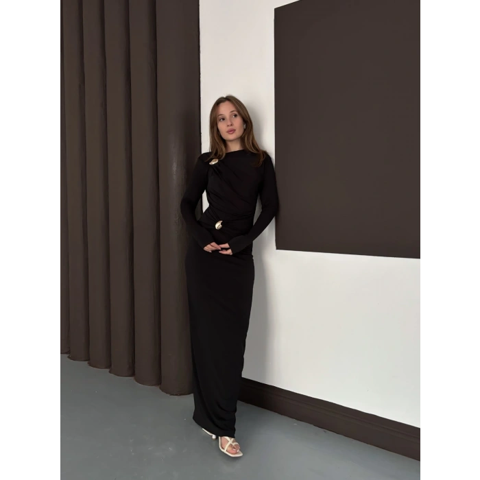 Toka Detaylı Sandy Uzun Elbise Siyah