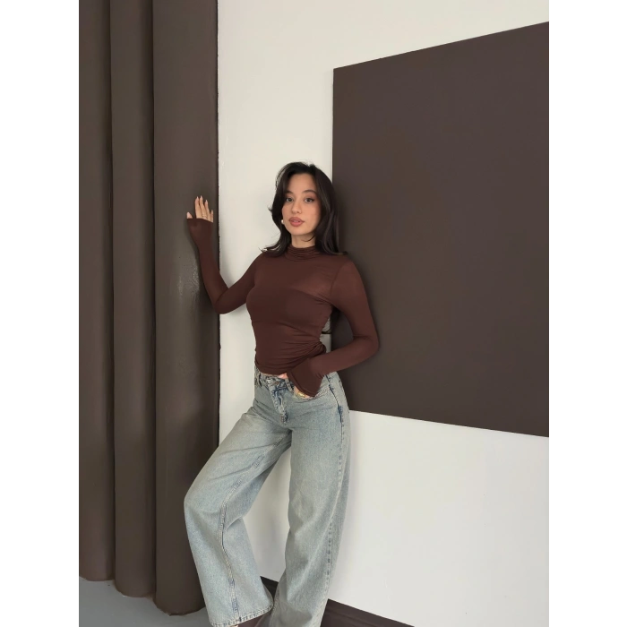 Transparan Uzun Kollu Toparlayıcı Bluz Acı Kahve